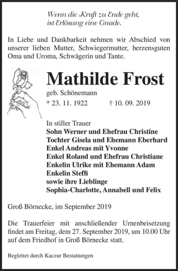 Traueranzeige von Mathilde Frost (geb. Schönemann)  von Magdeburger Volksstimme