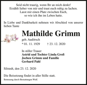 Traueranzeige von Mathilde Grimm (geb. Audörsch)  von Magdeburger Volksstimme