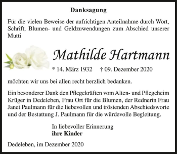 Traueranzeige von Mathilde Hartmann  von Magdeburger Volksstimme