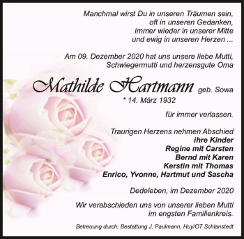 Traueranzeige von Mathilde Hartmann (geb. Sowa)  von Magdeburger Volksstimme