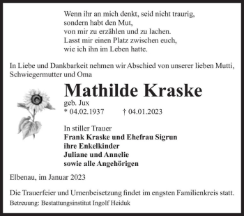Traueranzeige von Mathilde Kraske (geb. Jux)  von Magdeburger Volksstimme