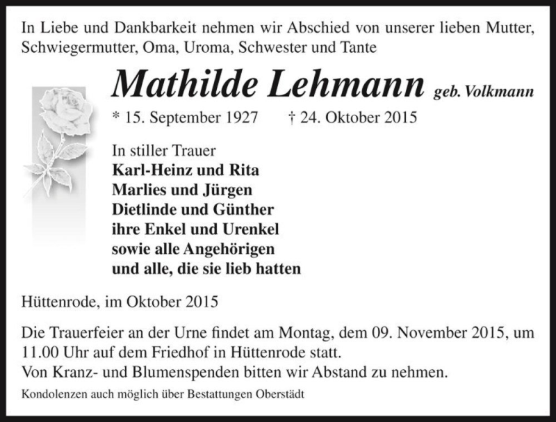  Traueranzeige für Mathilde Lehmann (geb. Volkmann)  vom 30.10.2015 aus Magdeburger Volksstimme