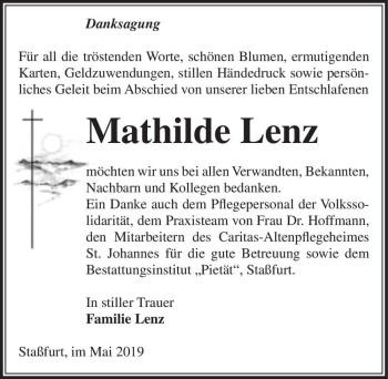 Traueranzeige von Mathilde Lenz  von Magdeburger Volksstimme