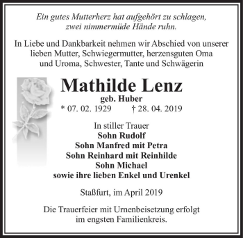Traueranzeige von Mathilde Lenz (geb. Huber)  von Magdeburger Volksstimme