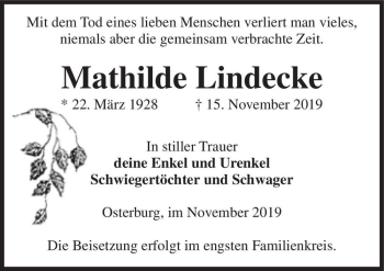 Traueranzeige von Mathilde Lindecke  von Magdeburger Volksstimme