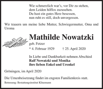 Traueranzeige von Mathilde Nowatzki (geb. Fetzer)  von Magdeburger Volksstimme