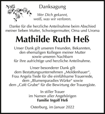 Traueranzeige von Mathilde Ruth Heß  von Magdeburger Volksstimme
