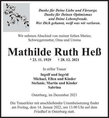 Traueranzeige von Mathilde Ruth Heß  von Magdeburger Volksstimme
