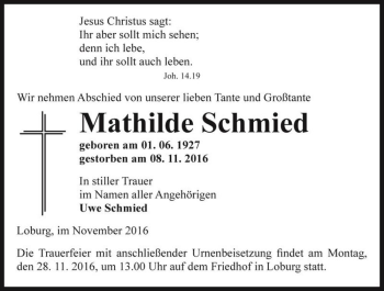 Traueranzeige von Mathilde Schmied  von Magdeburger Volksstimme