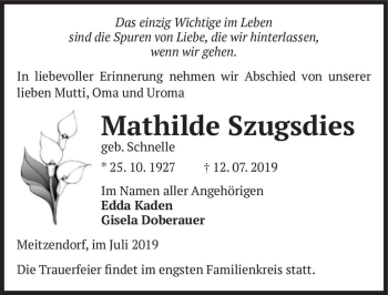 Traueranzeige von Mathilde Szugdies (geb. Schnelle)  von Magdeburger Volksstimme