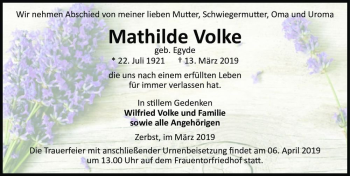 Traueranzeige von Mathilde Volke (geb. Egyde)  von Magdeburger Volksstimme