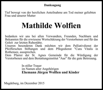 Traueranzeige von Mathilde Wolfien  von Magdeburger Volksstimme