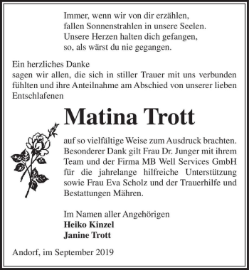 Traueranzeige von Matina Trott  von Magdeburger Volksstimme