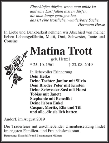 Traueranzeige von Matina Trott (geb. Hetzel)  von Magdeburger Volksstimme