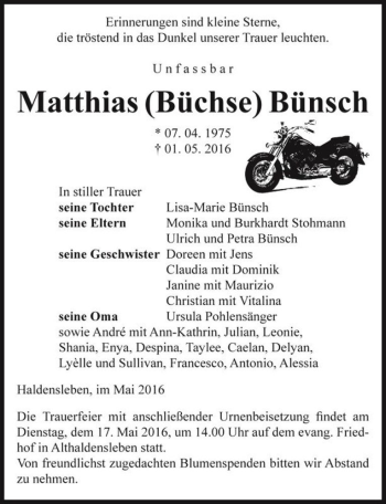 Traueranzeige von Matthias (Büchse) Bünsch  von Magdeburger Volksstimme