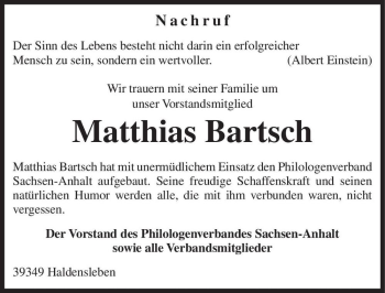 Traueranzeige von Matthias Bartsch  von Magdeburger Volksstimme