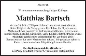 Traueranzeige von Matthias Bartsch  von Magdeburger Volksstimme