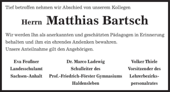 Traueranzeige von Matthias Bartsch  von Magdeburger Volksstimme