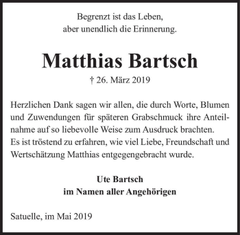 Traueranzeige von Matthias Bartsch  von Magdeburger Volksstimme