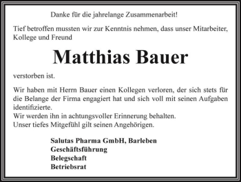 Traueranzeige von Matthias Bauer  von Magdeburger Volksstimme