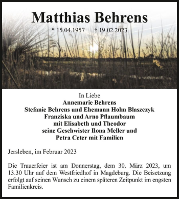 Traueranzeige von Matthias Behrens  von Magdeburger Volksstimme