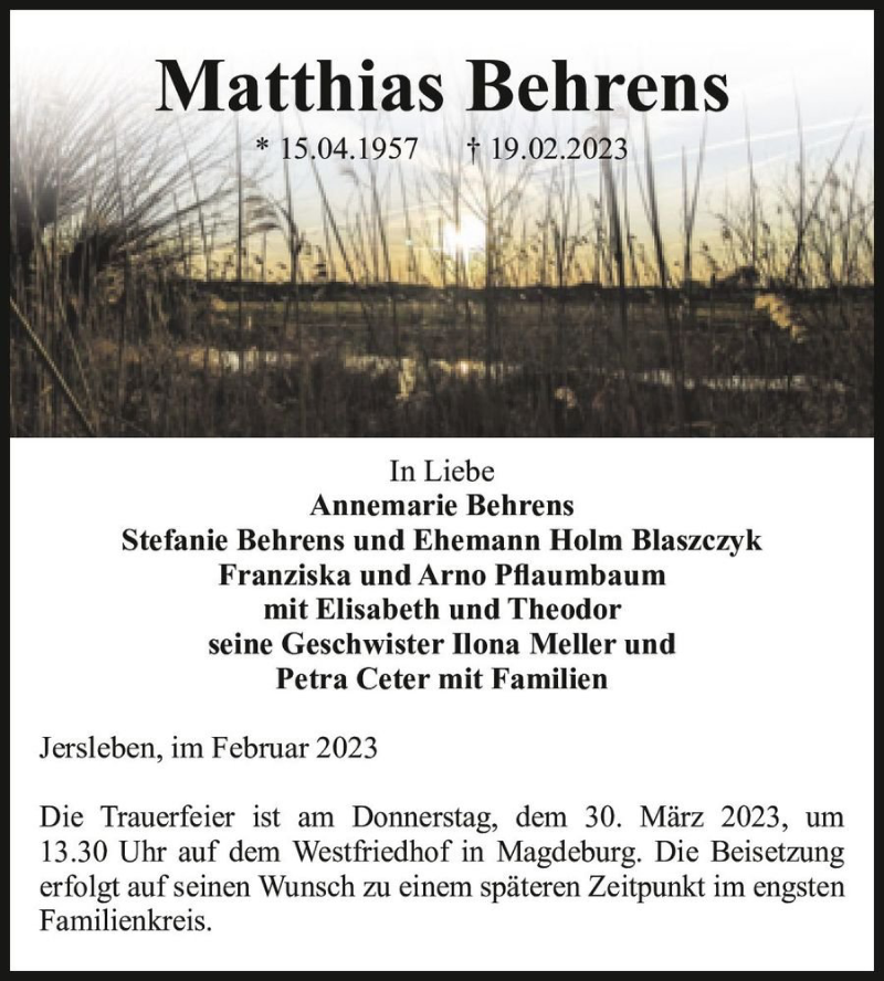  Traueranzeige für Matthias Behrens  vom 25.02.2023 aus Magdeburger Volksstimme