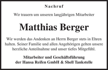 Traueranzeige von Matthias Berger  von Magdeburger Volksstimme