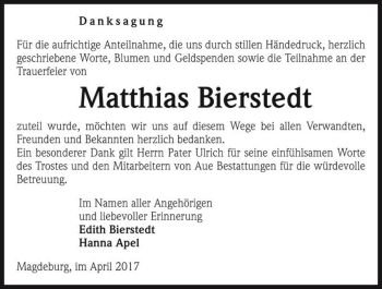 Traueranzeige von Matthias Bierstedt  von Magdeburger Volksstimme