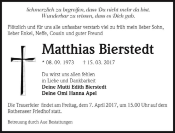 Traueranzeige von Matthias Bierstedt  von Magdeburger Volksstimme