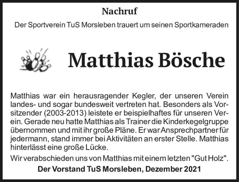  Traueranzeige für Matthias Bösche  vom 23.12.2021 aus Magdeburger Volksstimme