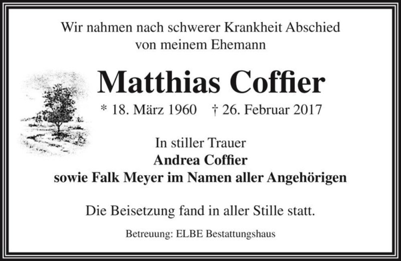  Traueranzeige für Matthias Coffier  vom 01.04.2017 aus Magdeburger Volksstimme