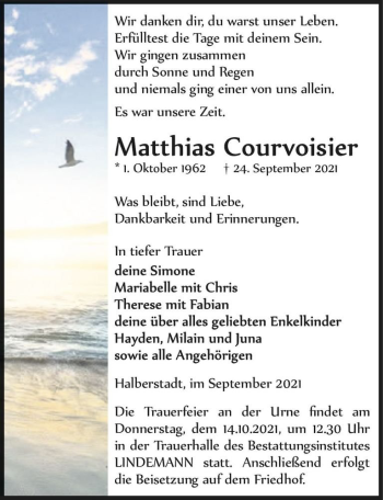 Traueranzeige von Matthias Courvoisier  von Magdeburger Volksstimme