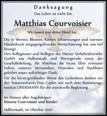 Traueranzeige von Matthias Courvoisier  von Magdeburger Volksstimme