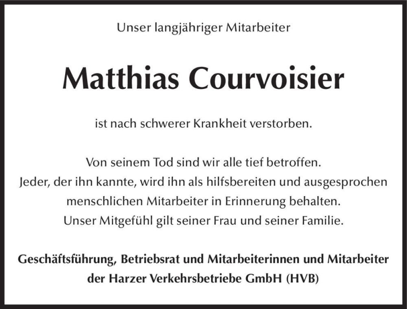  Traueranzeige für Matthias Courvoisier  vom 02.10.2021 aus Magdeburger Volksstimme