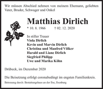 Traueranzeige von Matthias Dirlich  von Magdeburger Volksstimme