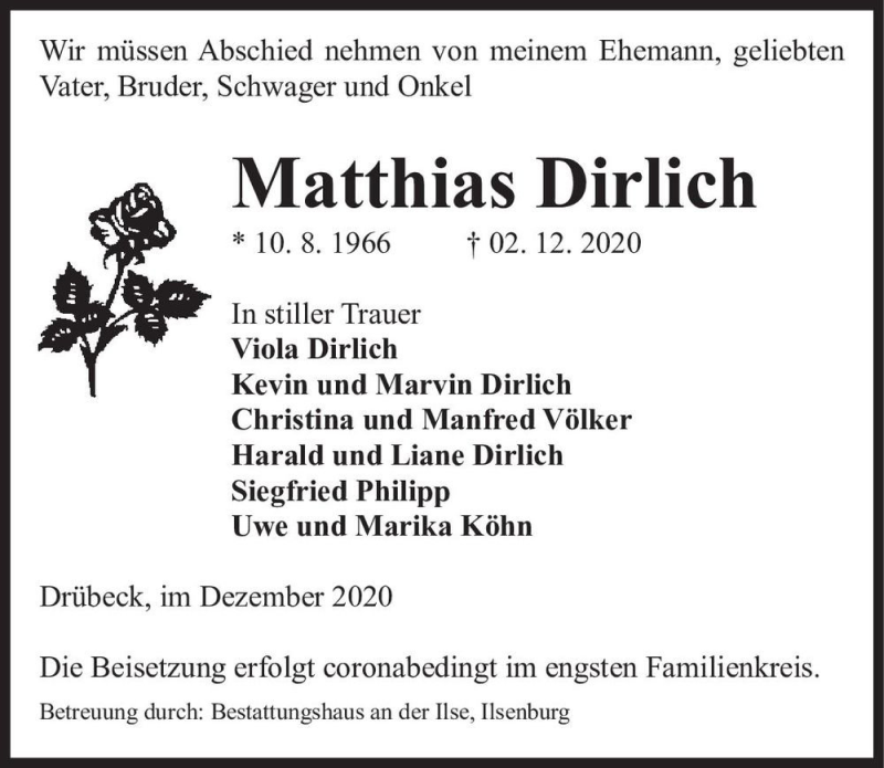  Traueranzeige für Matthias Dirlich  vom 05.12.2020 aus Magdeburger Volksstimme