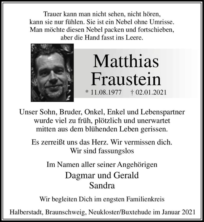  Traueranzeige für Matthias Fraustein  vom 09.01.2021 aus Magdeburger Volksstimme