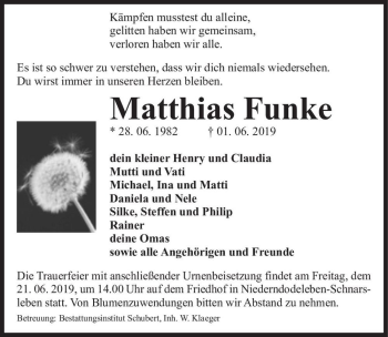 Traueranzeige von Matthias Funke  von Magdeburger Volksstimme