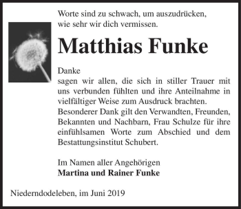 Traueranzeige von Matthias Funke  von Magdeburger Volksstimme