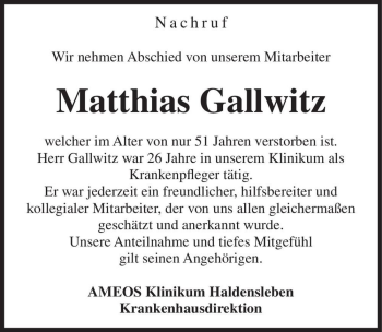Traueranzeige von Matthias Gallwitz  von Magdeburger Volksstimme