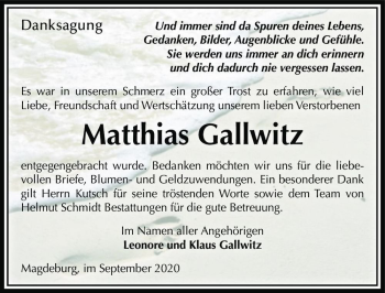 Traueranzeige von Matthias Gallwitz  von Magdeburger Volksstimme