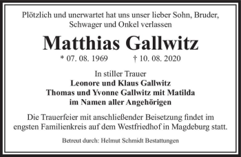 Traueranzeige von Matthias Gallwitz  von Magdeburger Volksstimme