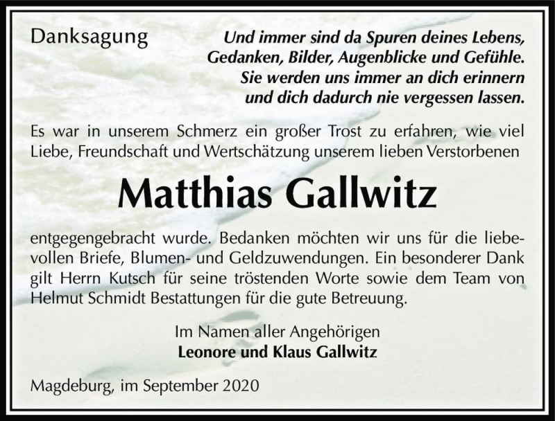  Traueranzeige für Matthias Gallwitz  vom 12.09.2020 aus Magdeburger Volksstimme