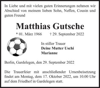 Traueranzeige von Matthias Gutsche  von Magdeburger Volksstimme