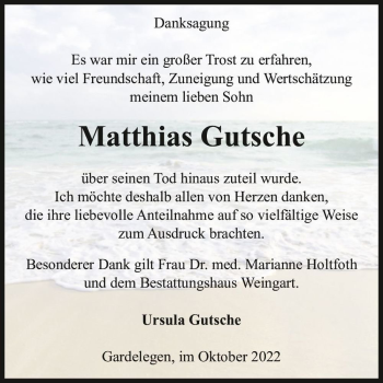 Traueranzeige von Matthias Gutsche  von Magdeburger Volksstimme