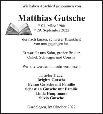 Traueranzeige von Matthias Gutsche  von Magdeburger Volksstimme