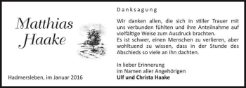 Traueranzeige von Matthias Haake  von Magdeburger Volksstimme