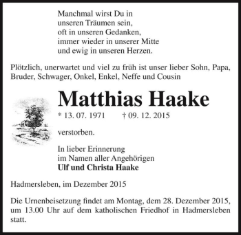 Traueranzeige von Matthias Haake  von Magdeburger Volksstimme