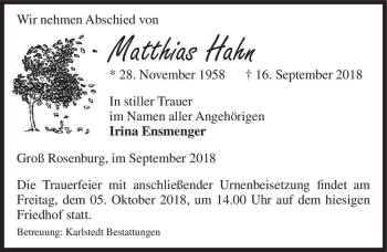 Traueranzeige von Matthias Hahn  von Magdeburger Volksstimme