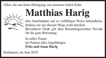 Traueranzeige von Matthias Harig  von Magdeburger Volksstimme